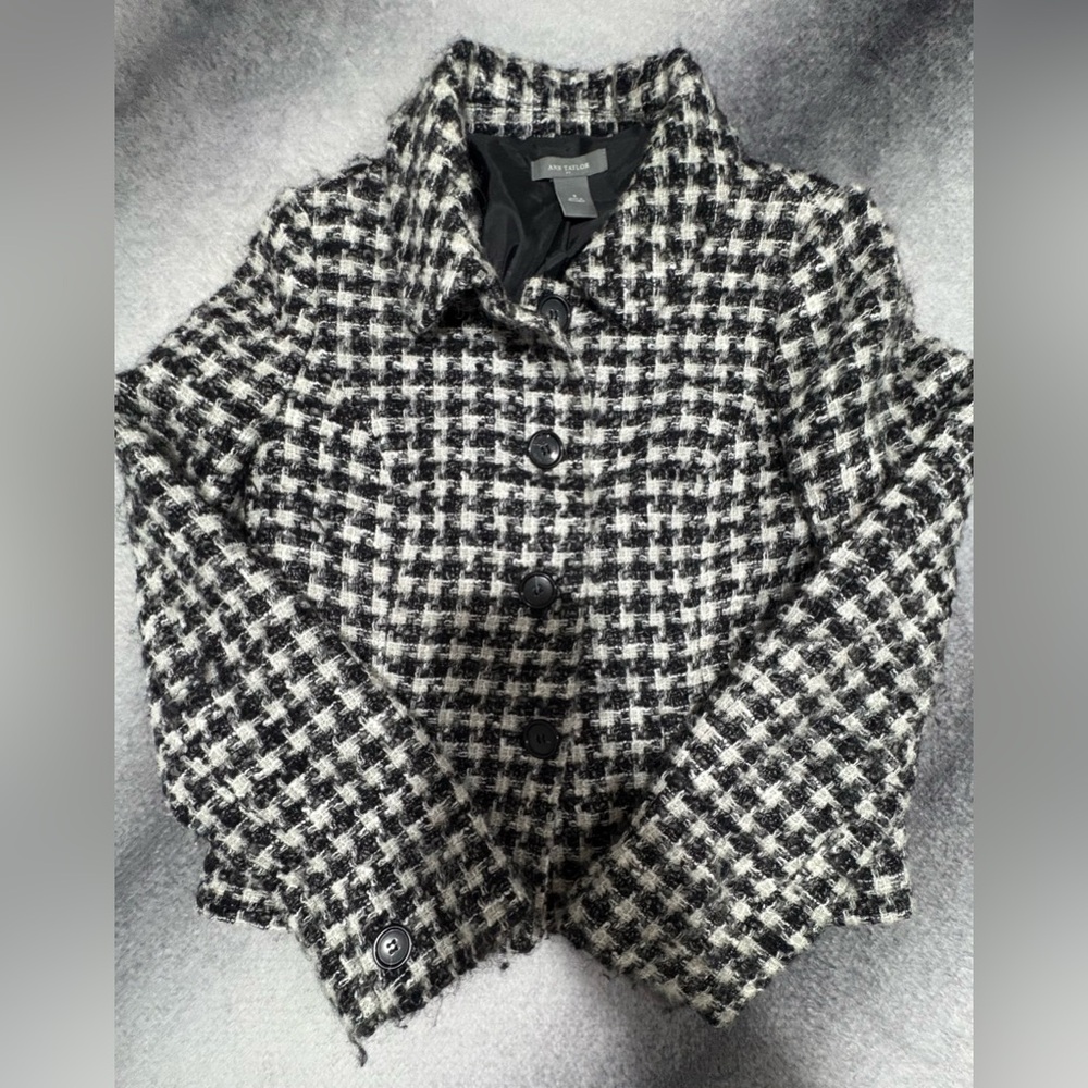 Chic Ann Taylor Black White Fuzzy Houndstooth Classic Jacket‎ Coat 6